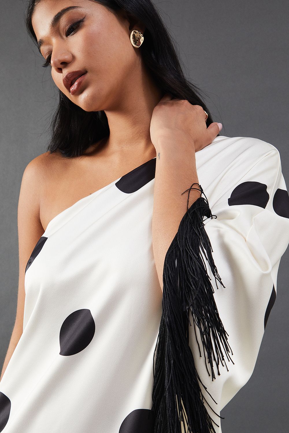 Warehouse Premium Fringe Trim One Shoulder Midi Dress