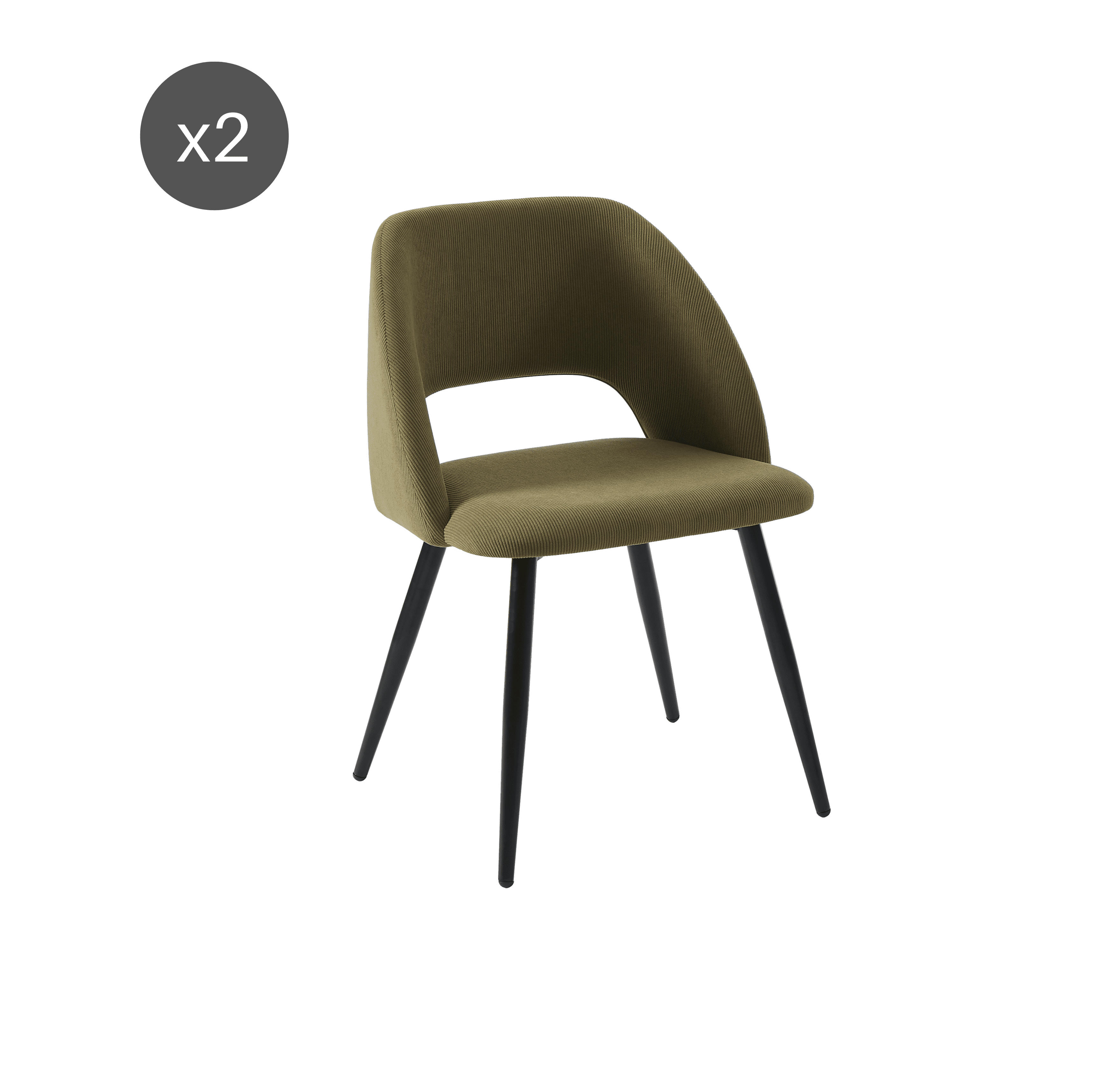 VINTAGE - Lot de 2 chaises  velours côtelé kaki pieds métal noir