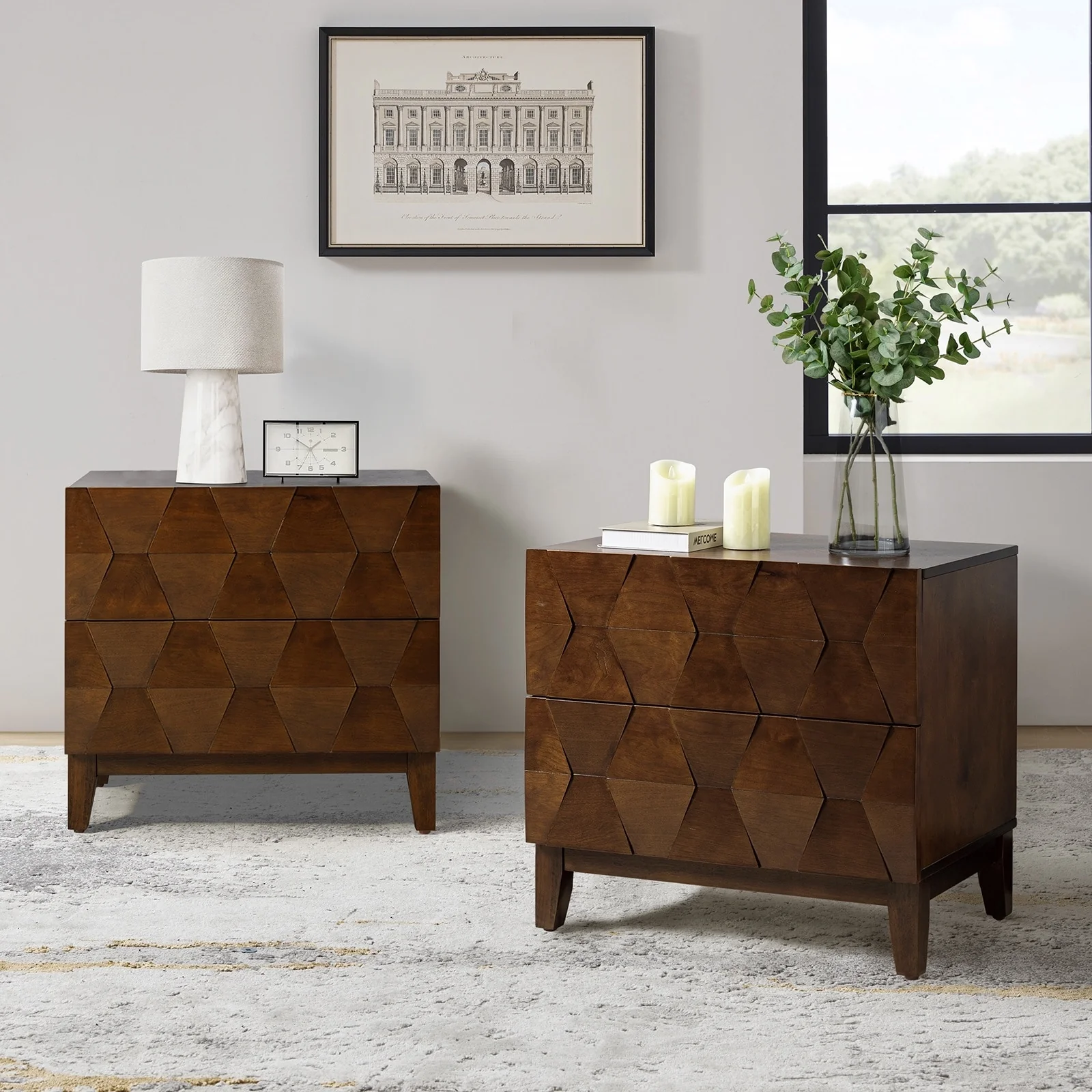 Ethe Mid-Century 2-Drawer Storage Nightstand with Adjustable Solid Wood legs and Charging Station Set of 2 By HULALA HOME