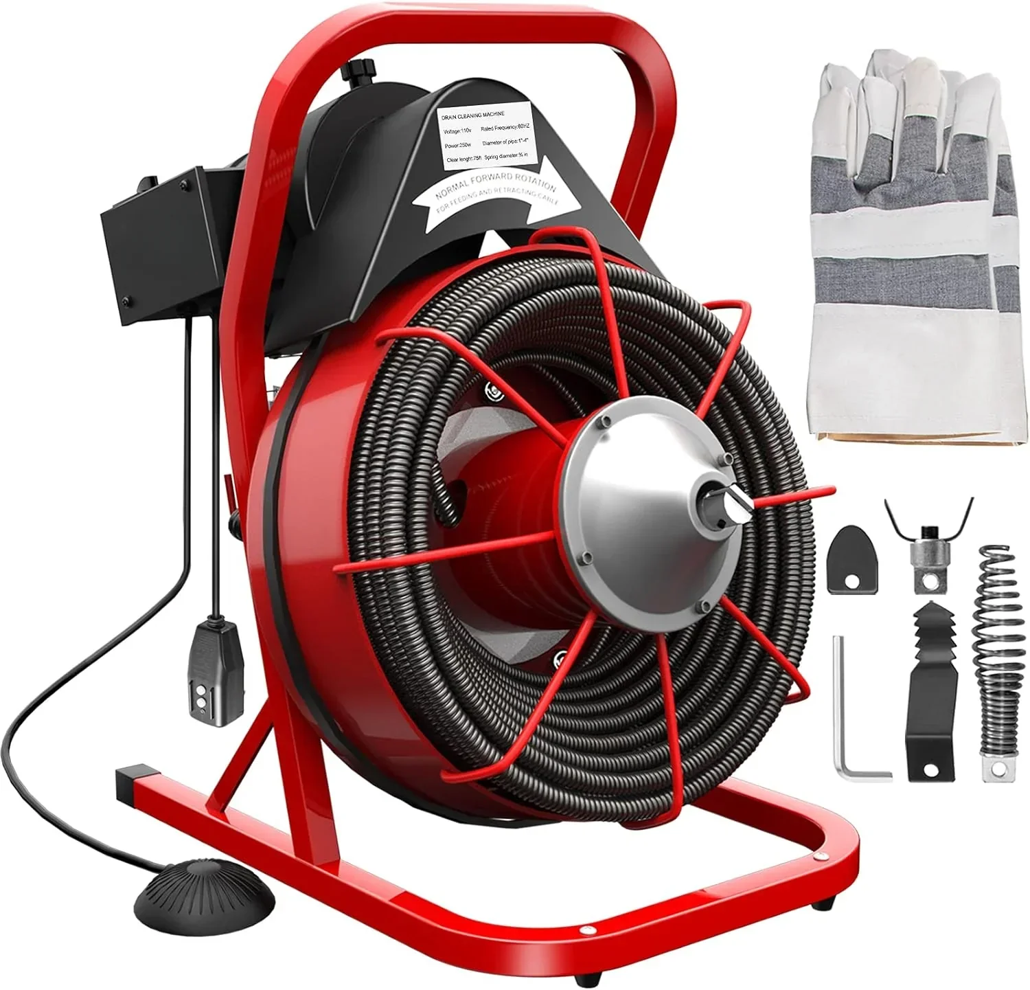 75Ft x 3/8 Electric Drain Cleaner, 1-4 Pipe Fit, Portable w/4 Cutters, Plumbing Clog Tool
