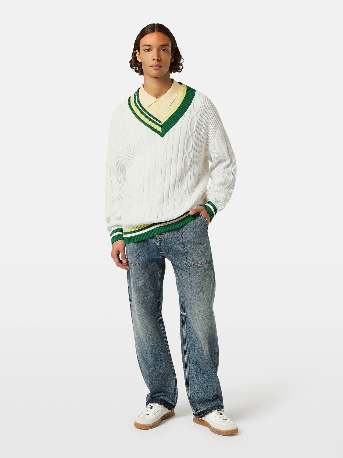 V-Neck Drop Shoulder Cable Knit Pullover