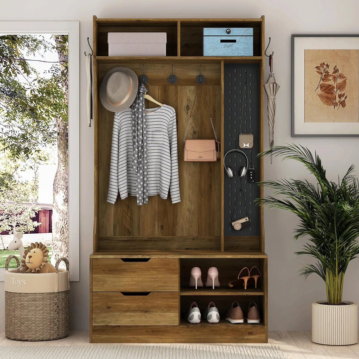 Hall Tree with 4 Hooks - Coat Hanger, Entryway Bench, and Storage Bench