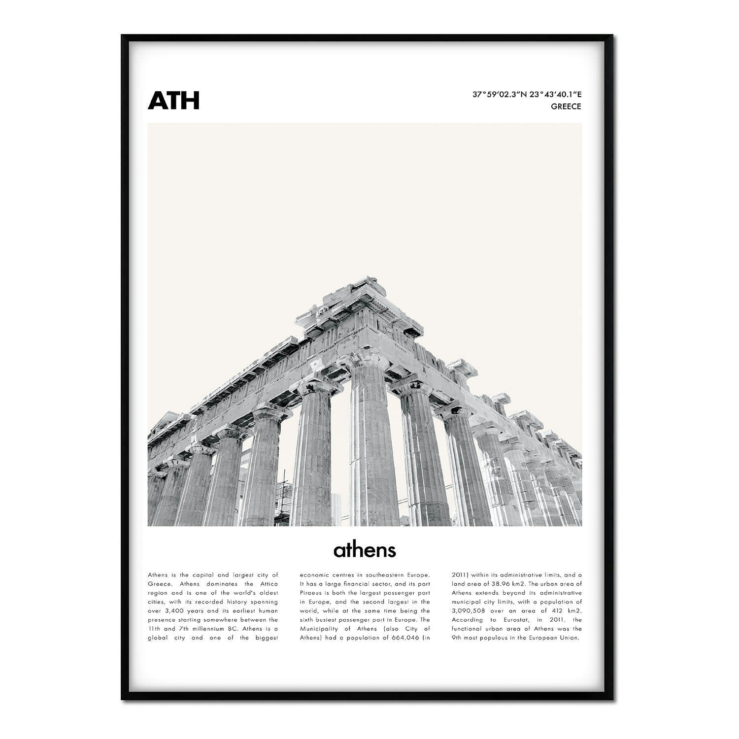 CIUDADES - Affiche avec cadre noir - Description Athènes - 50x70