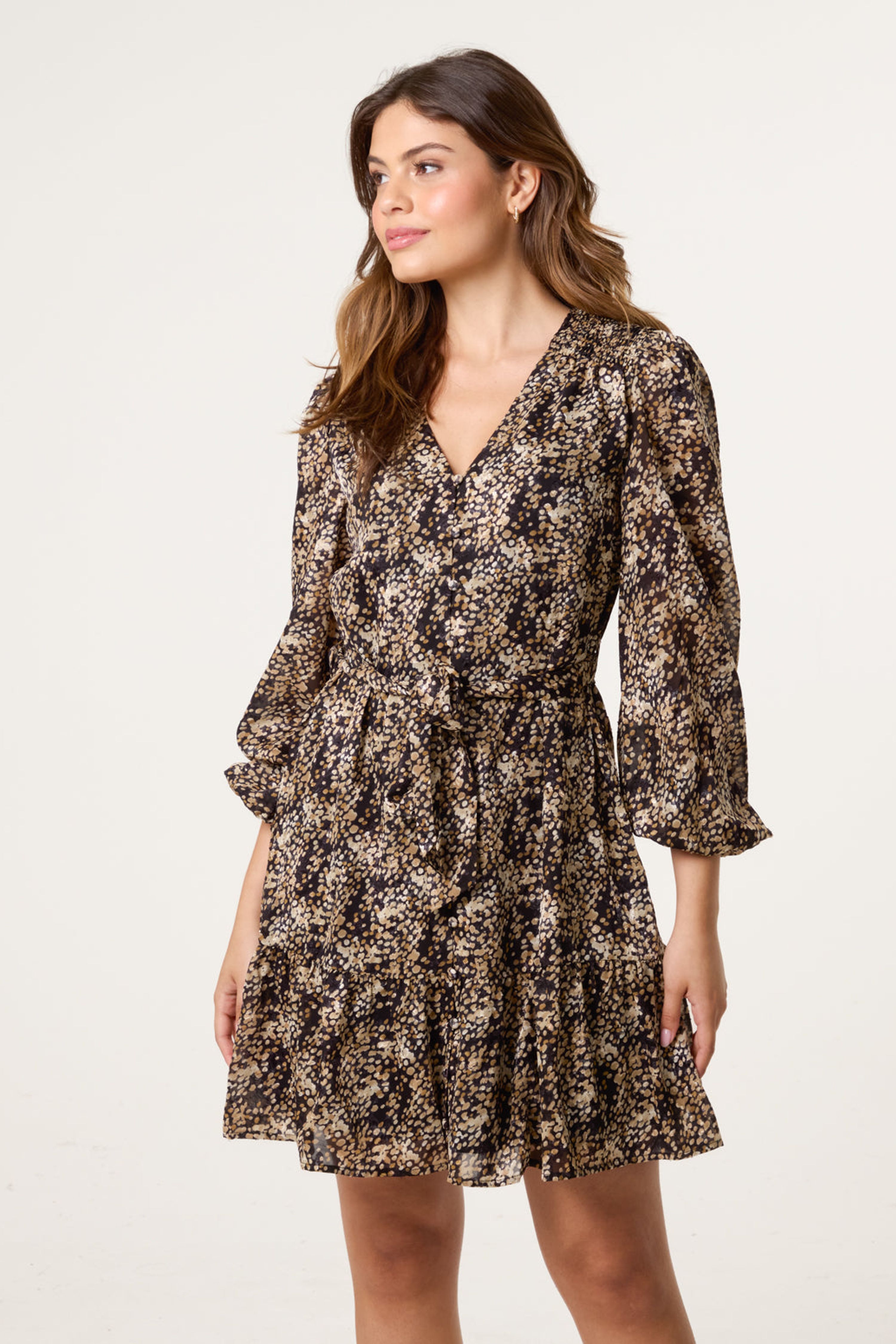 Blue Vanilla Black Button Up Belted Chiffon Mini Dress