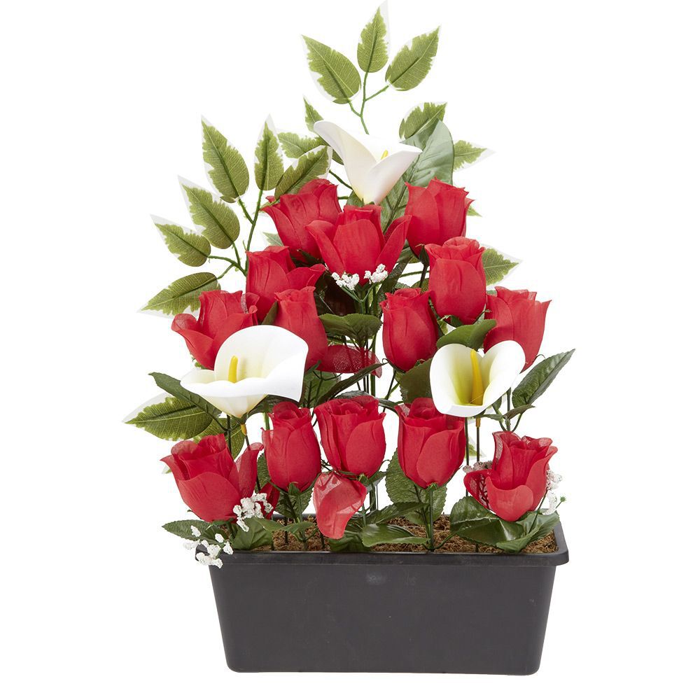 Jardinière rose/arum 20 têtes blanc et rouge