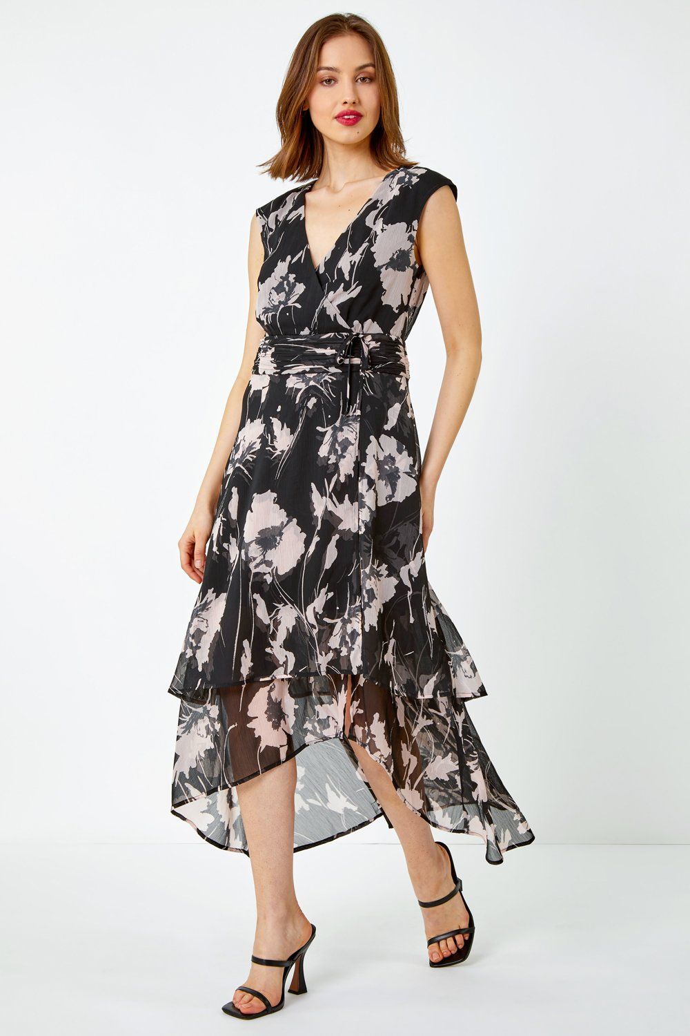 Roman Embellished Floral Print Tiered Midi Dress