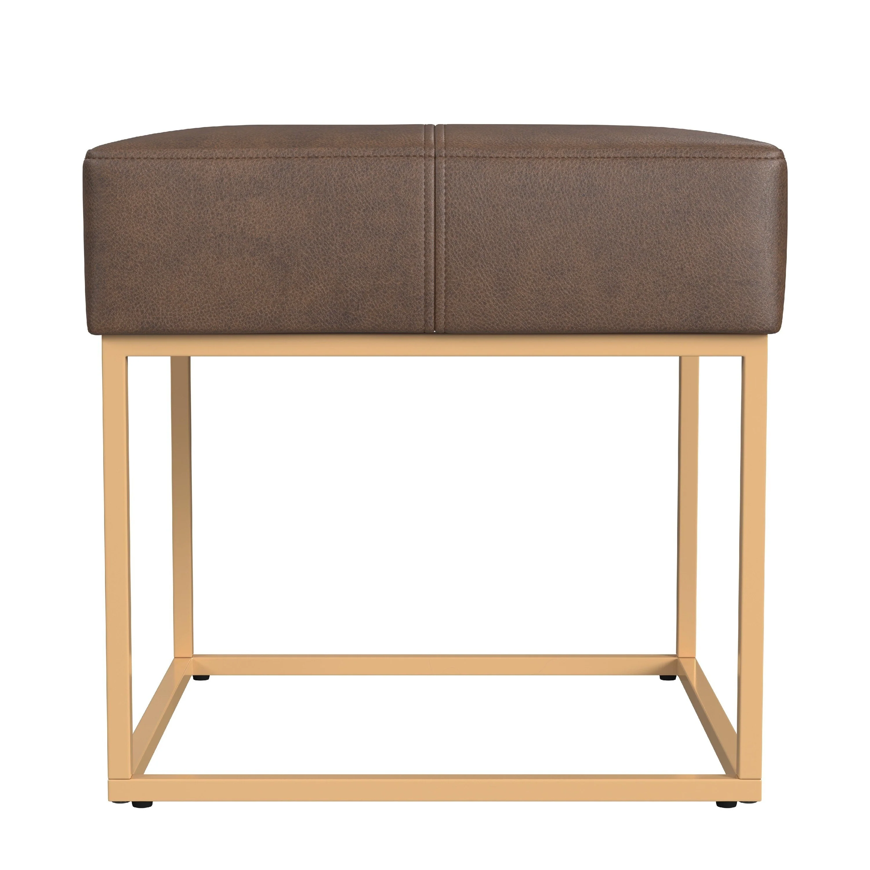 Kai Ottoman Footstool, Brown Faux Leather, Gold Metal, 18 Inch Square