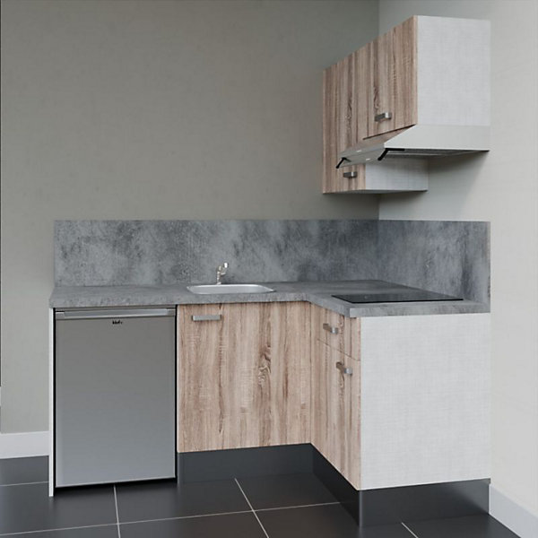 Kitchenette KA02 façades Bois - Plan de travail Gris béton - Crédences : Oui - Evier inox - Electroménager Inox inclus