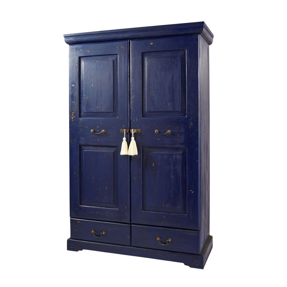 Shibori - Armoire 2 portes 2 tiroirs en manguier massif bleu