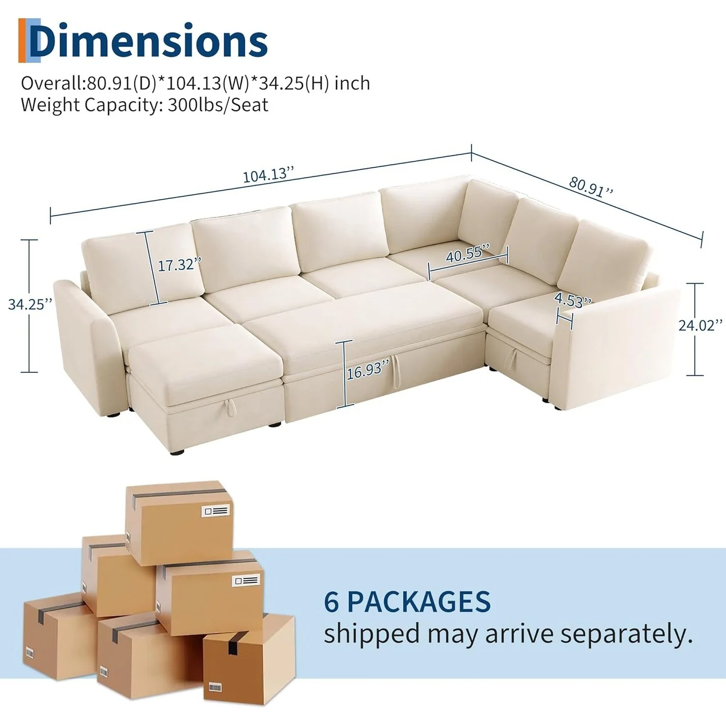 U Shaped Sectional Sleeper Sofa with Pull Out Bed, Chenille Modular Sectional Sofa