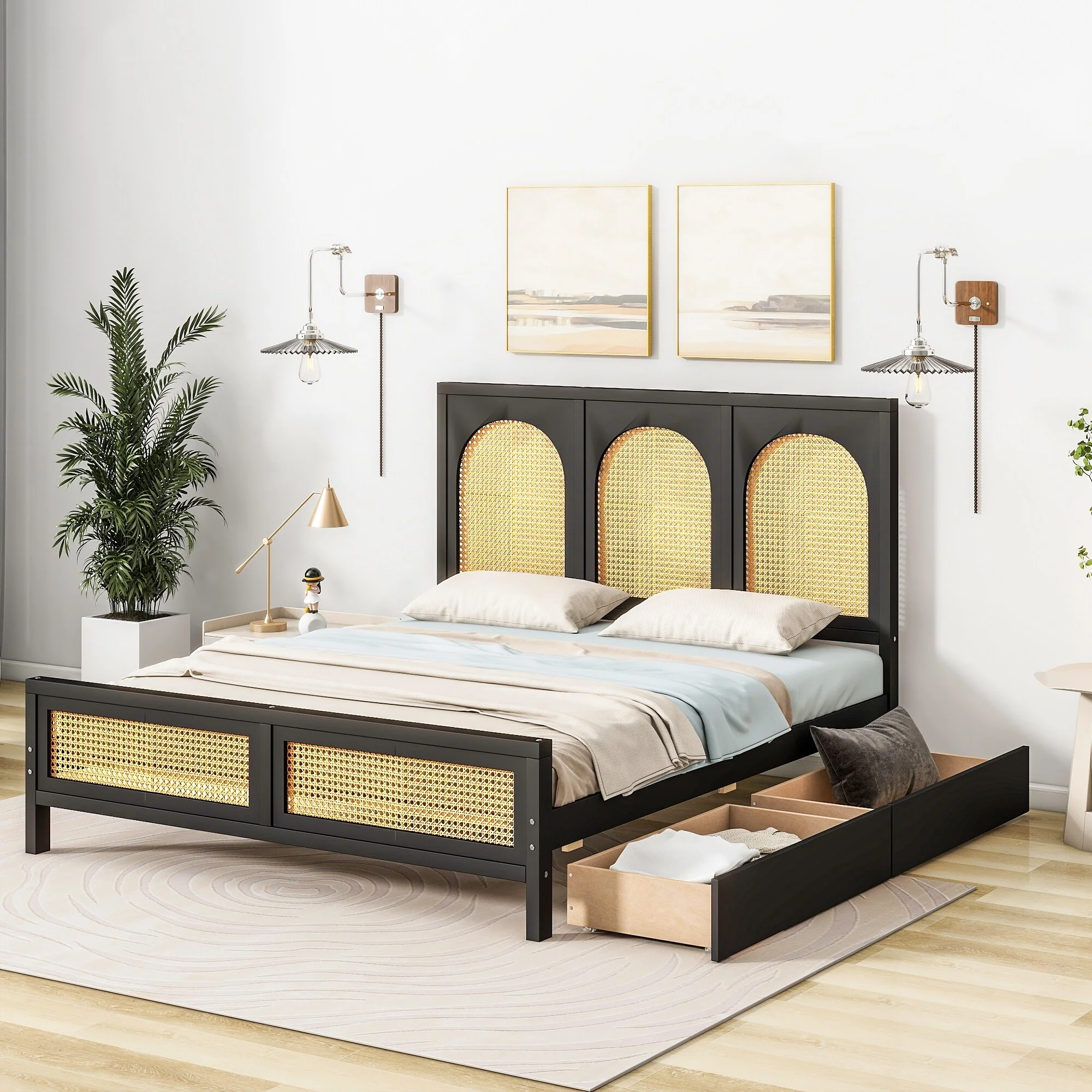 Full Size Black Wood Storage Platform Bed with Rattan Accents and 2 Drawers