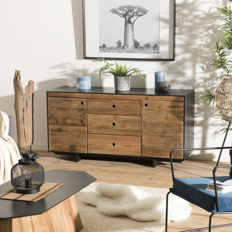 ANDREA - Buffet 2 portes 3 tiroirs en pin recyclé naturel et noir