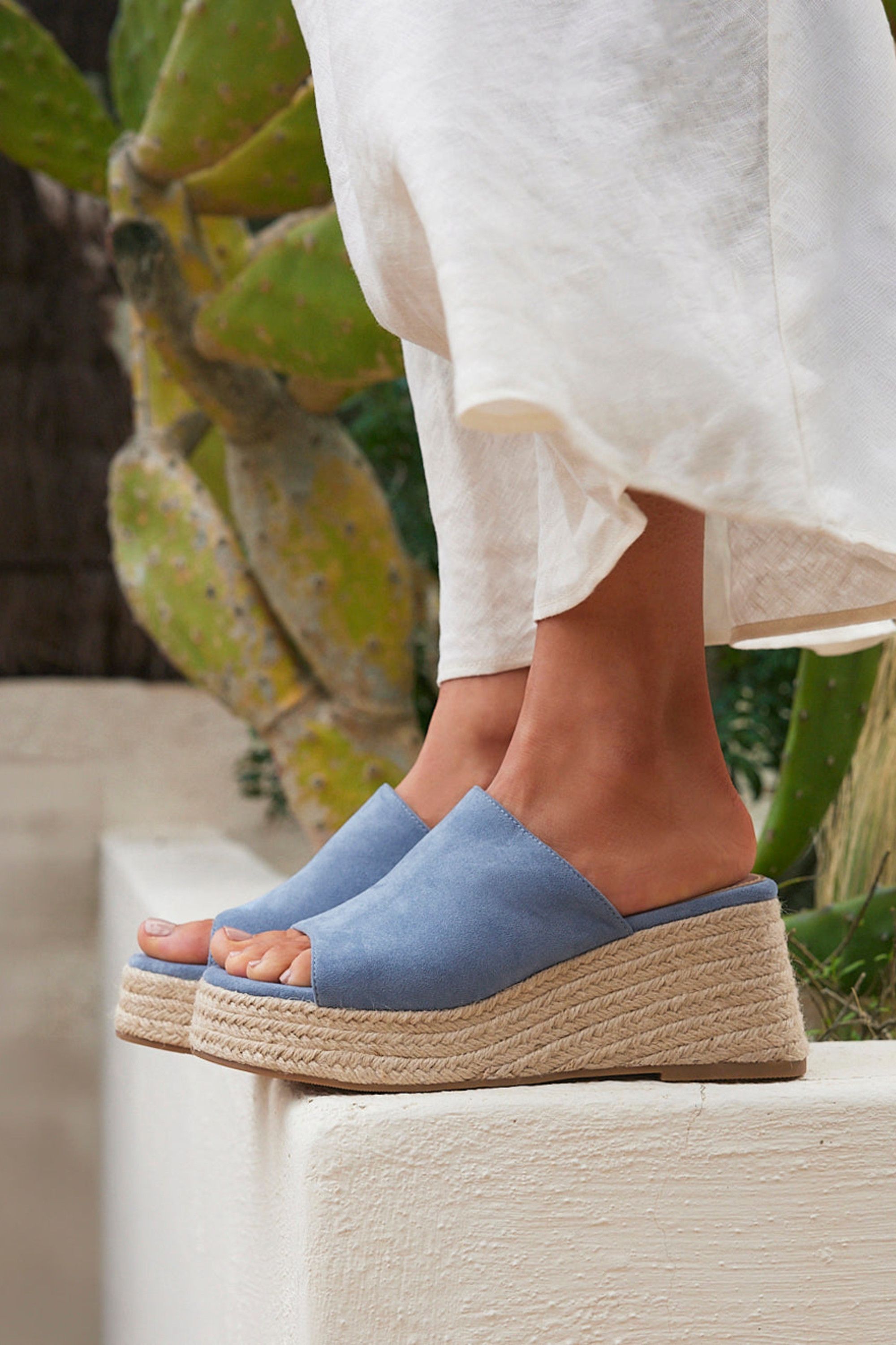 Linzi Espresso Pale Blue Faux Suede Espadrille Mule Wedges