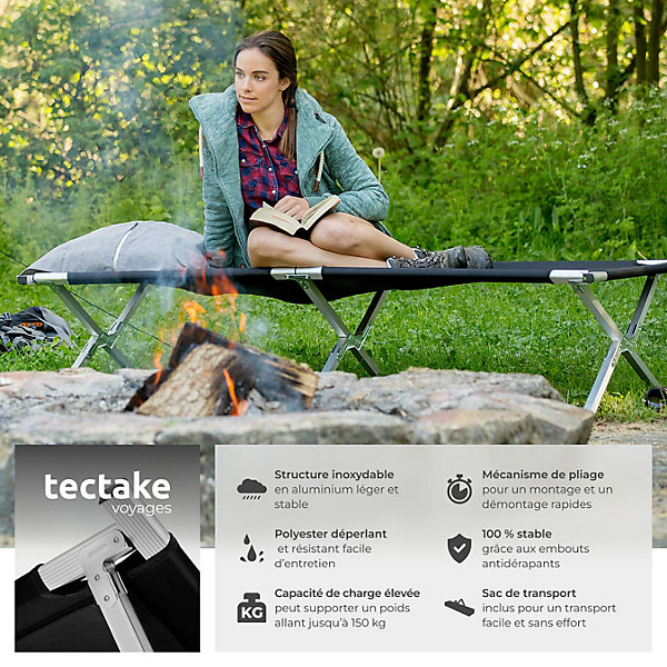 Lot de 2 lits de camp 190 x 70 x 45 cm pliable en aluminium noir