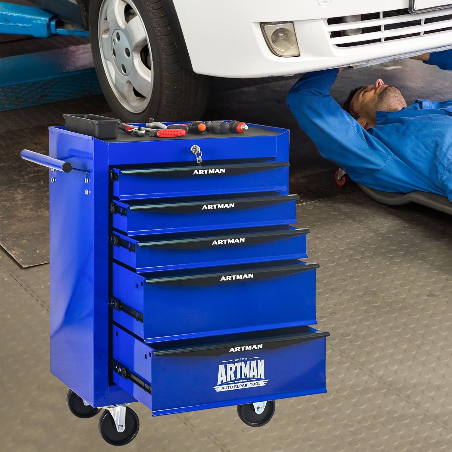 5 Drawers Tool Cart on Wheels, Multifunctional Rolling Tool Chest, Drawers Mobile Trolley Organizer Heavy Duty Tools Box with Locking Wheels & Ball Bearing Drawers (Blue, 5 Drawers)