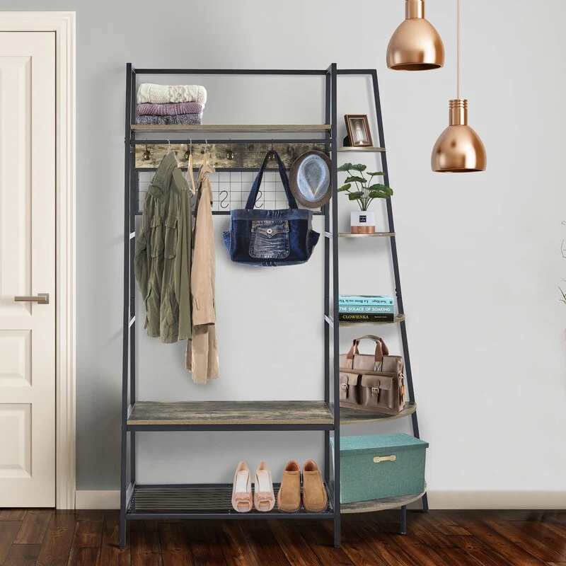 Entryway Coat Rack, Hall Tree with Bookshelves, Multiple Hooks, and Bench Seat，Rectangular Shelf+Fan-Shaped Shelf Combination