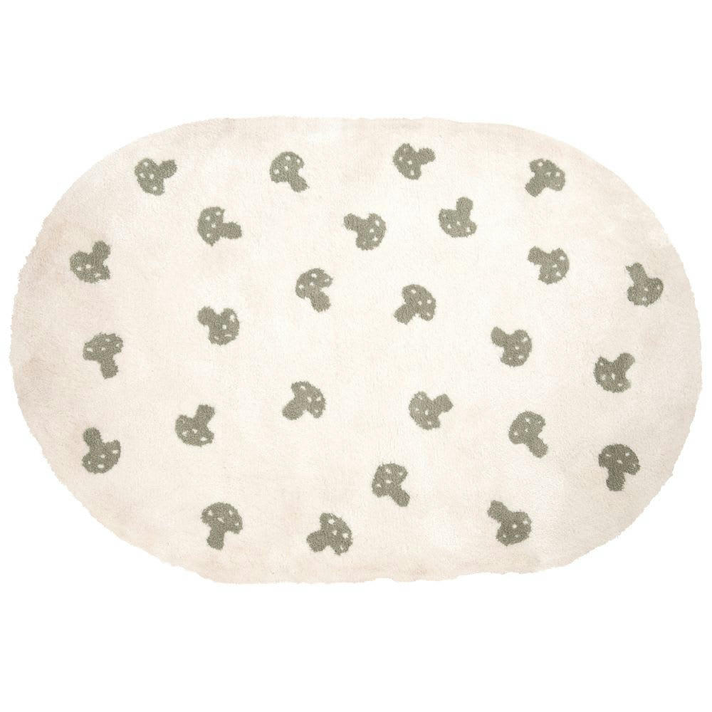 OULANKA - Tapis enfant ovale tufté motifs champignons blanc cassé et vert kaki 120x175