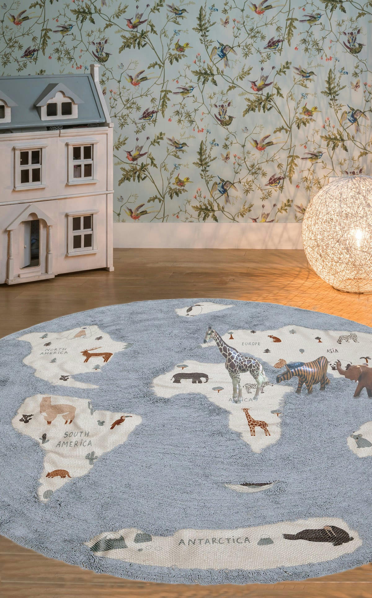 WORLD MAP - Tapis enfant en coton lavable bleu 140x140