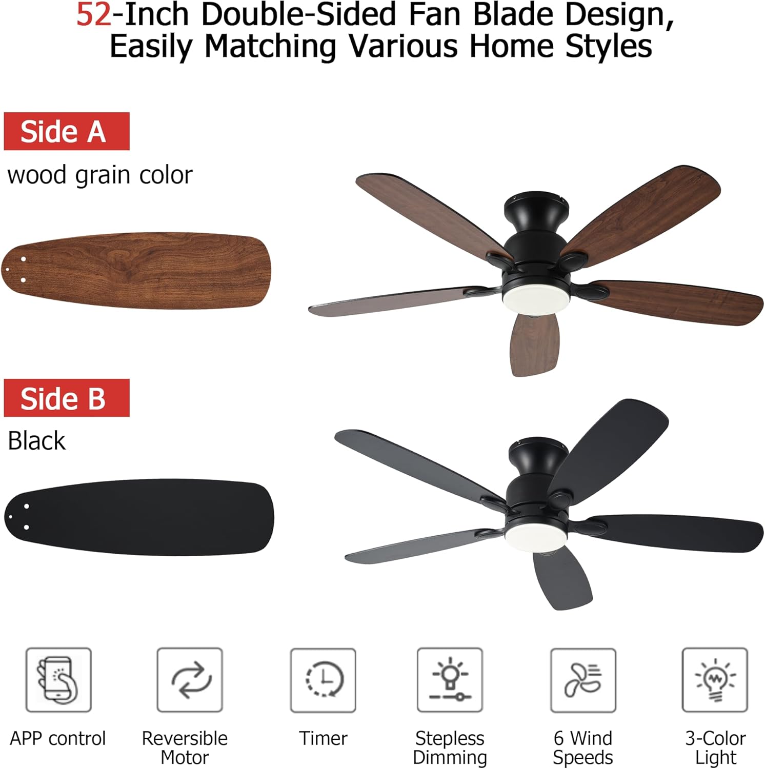 NKPU 52inch Low Profile Ceiling Fan with Light and Remote/APP Control,Reversible DC Motor,Noiseless,Dimmable,Modern Flush Mount Ceiling Fan for Bedroom,Indoor/Outdoor Use(Brown)