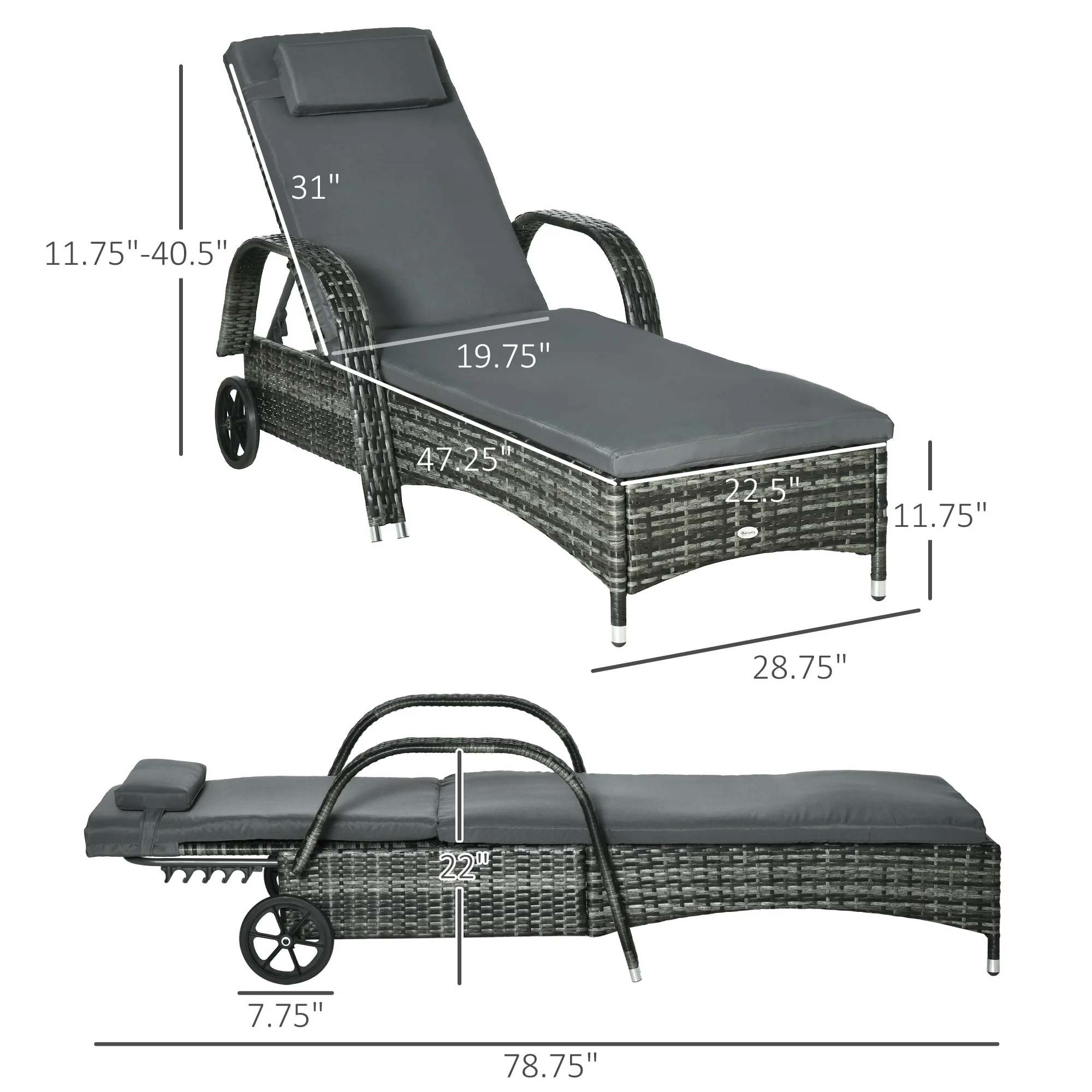 Rattan Outdoor Chaise Lounge Chair with Wheels, Adjustable Backrest, Cushions and Headrest for Poolside