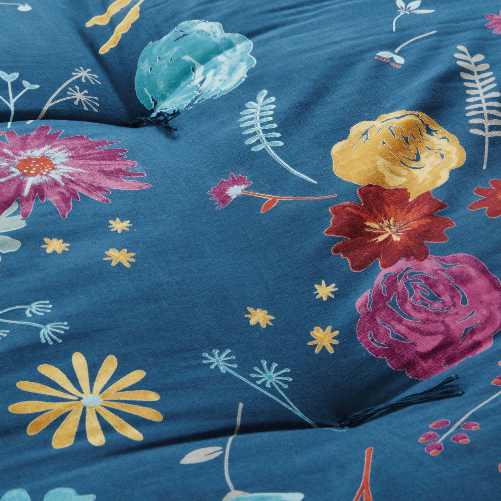 EGLANTINE - Matelas de sol en coton recyclé bleu pétrole motif floral 90x190