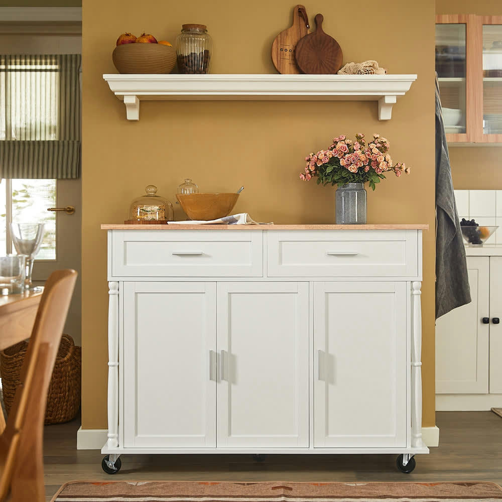 - Desserte effet bois blanc à roulettes 2 tiroirs 3 portes