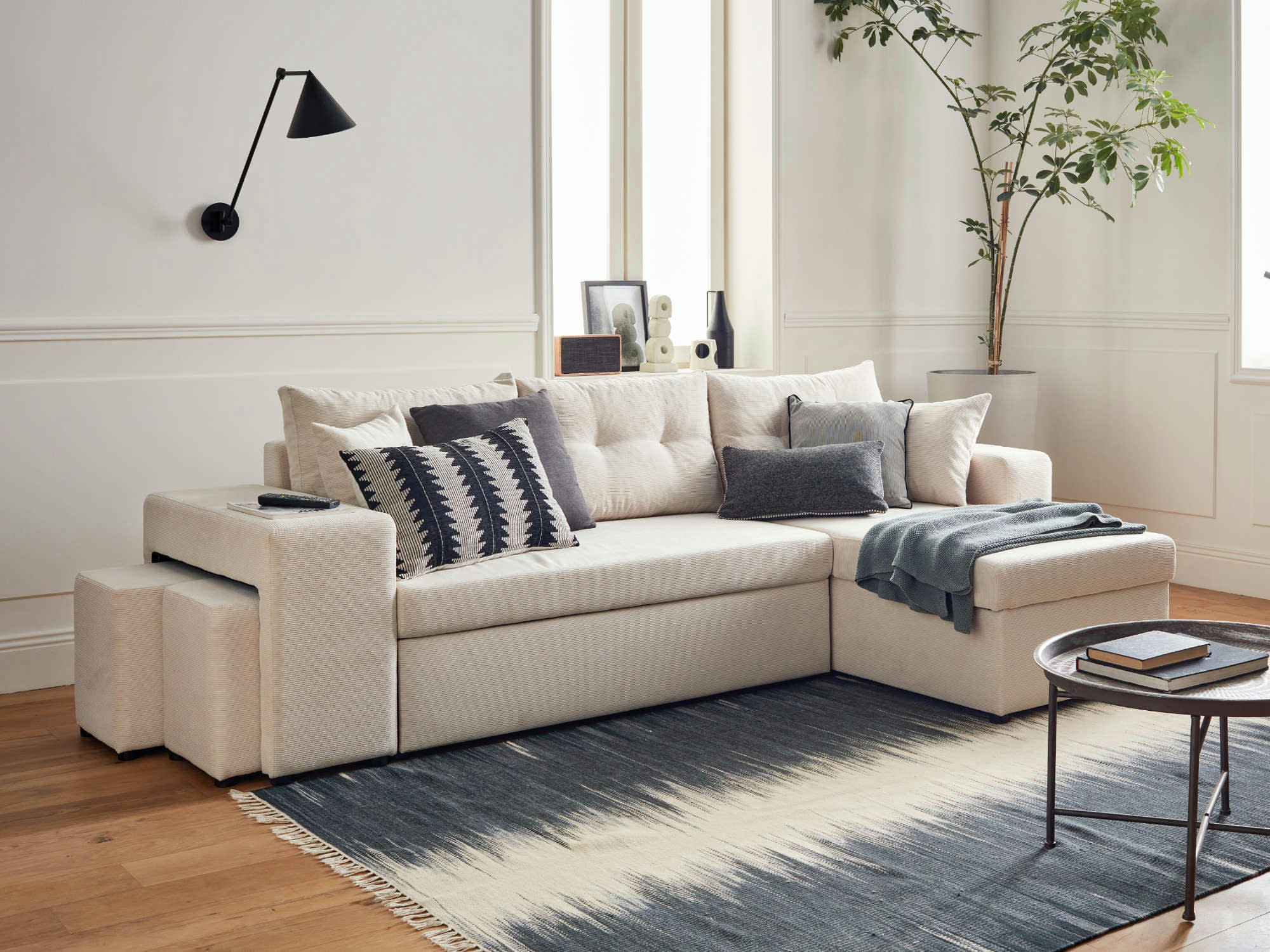 CALIFORNIA - Canapé d'angle réversible convertible 4 places en velours côtelé beige