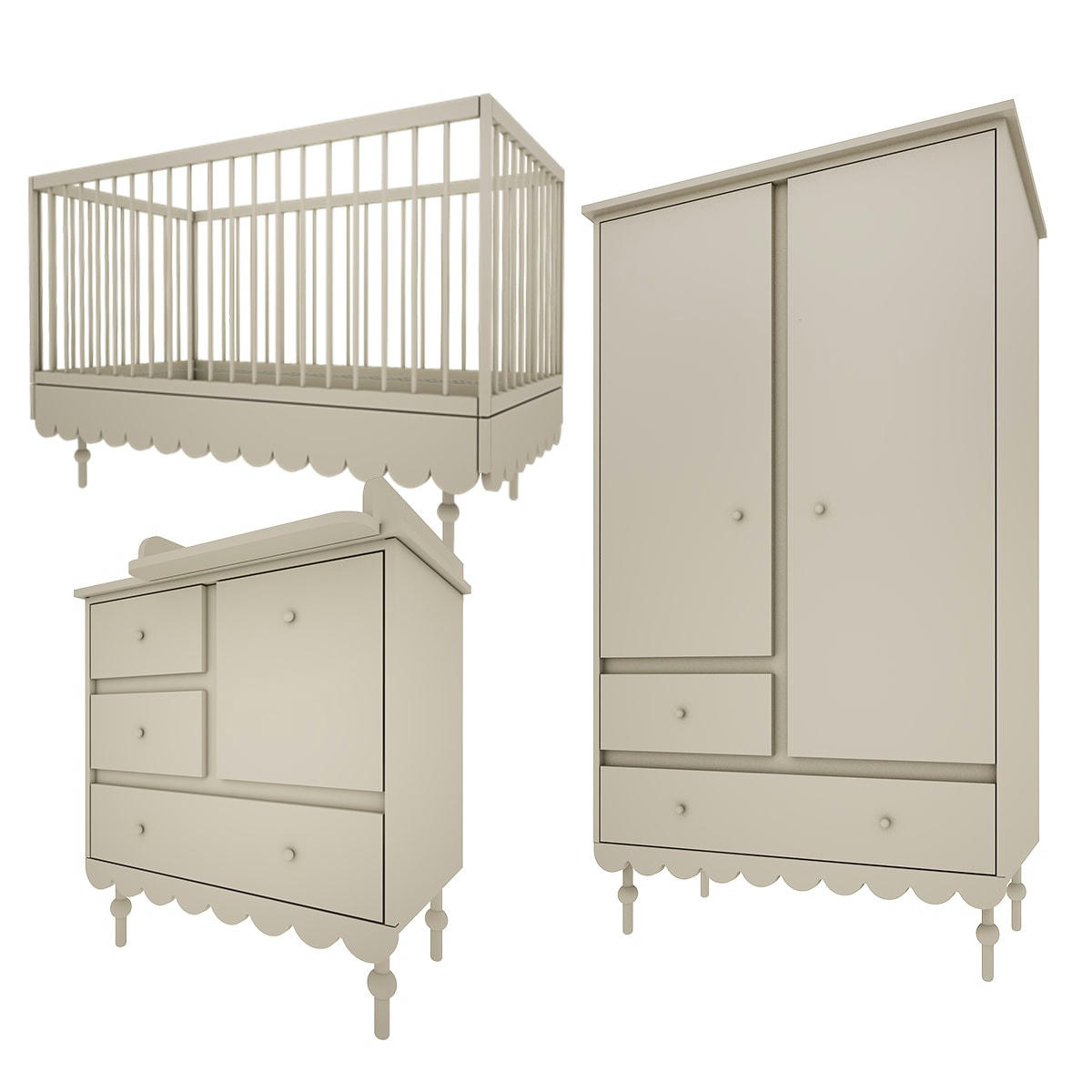 TRIO - BABUSHKA - Chambre bébé : Trio - lit évolutif 70x140 commode armoire olive
