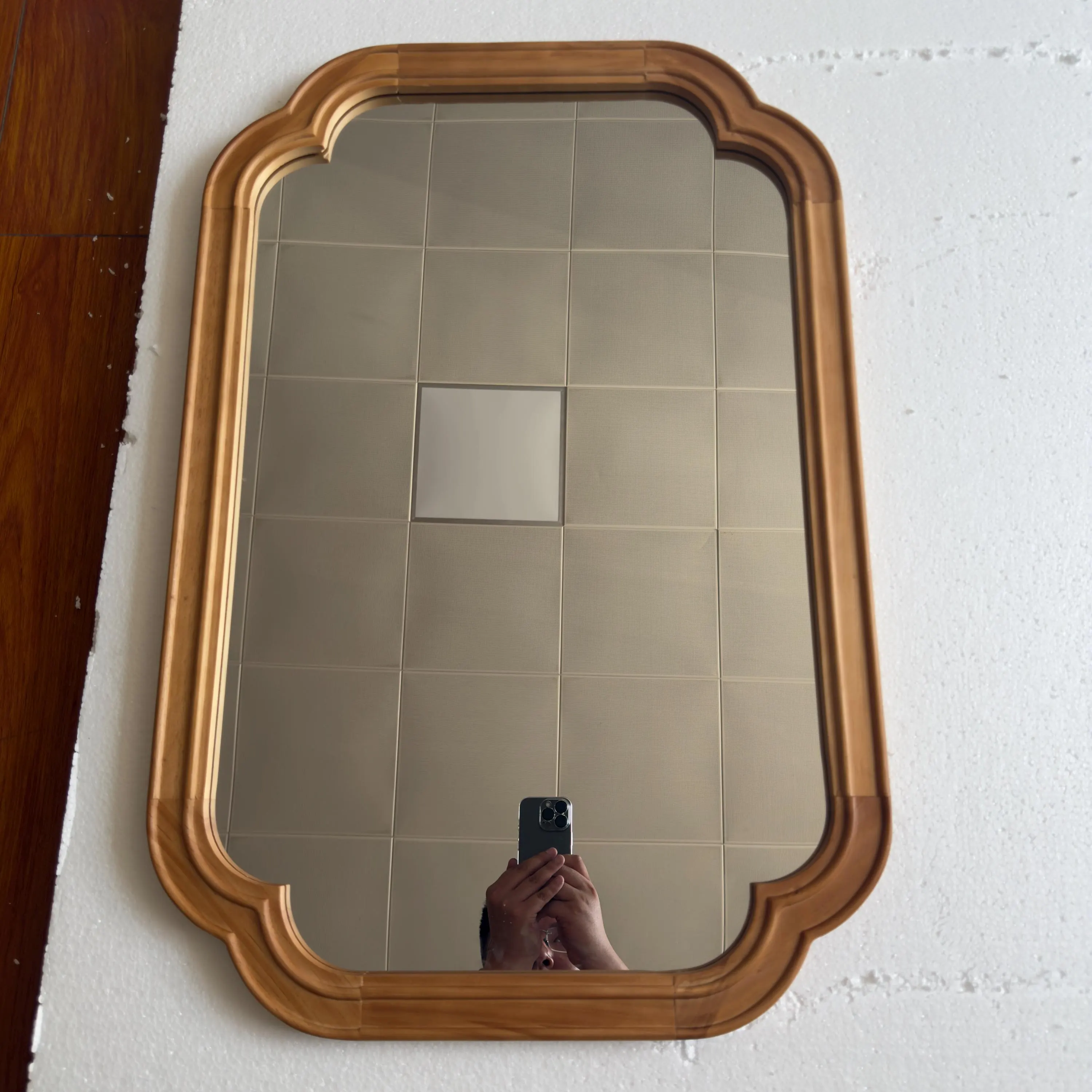 Solid Pine Cat Ear Wall Mirror, 20x30 Inch Honey Brown Stain Wood Wall Decor