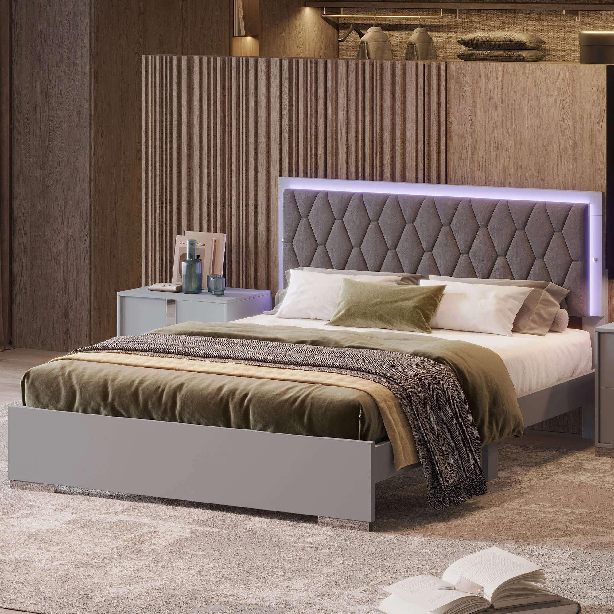 Queen Size Velvet Upholstered Bed with LED Lights and Metal Legs, Platform Bed Frame