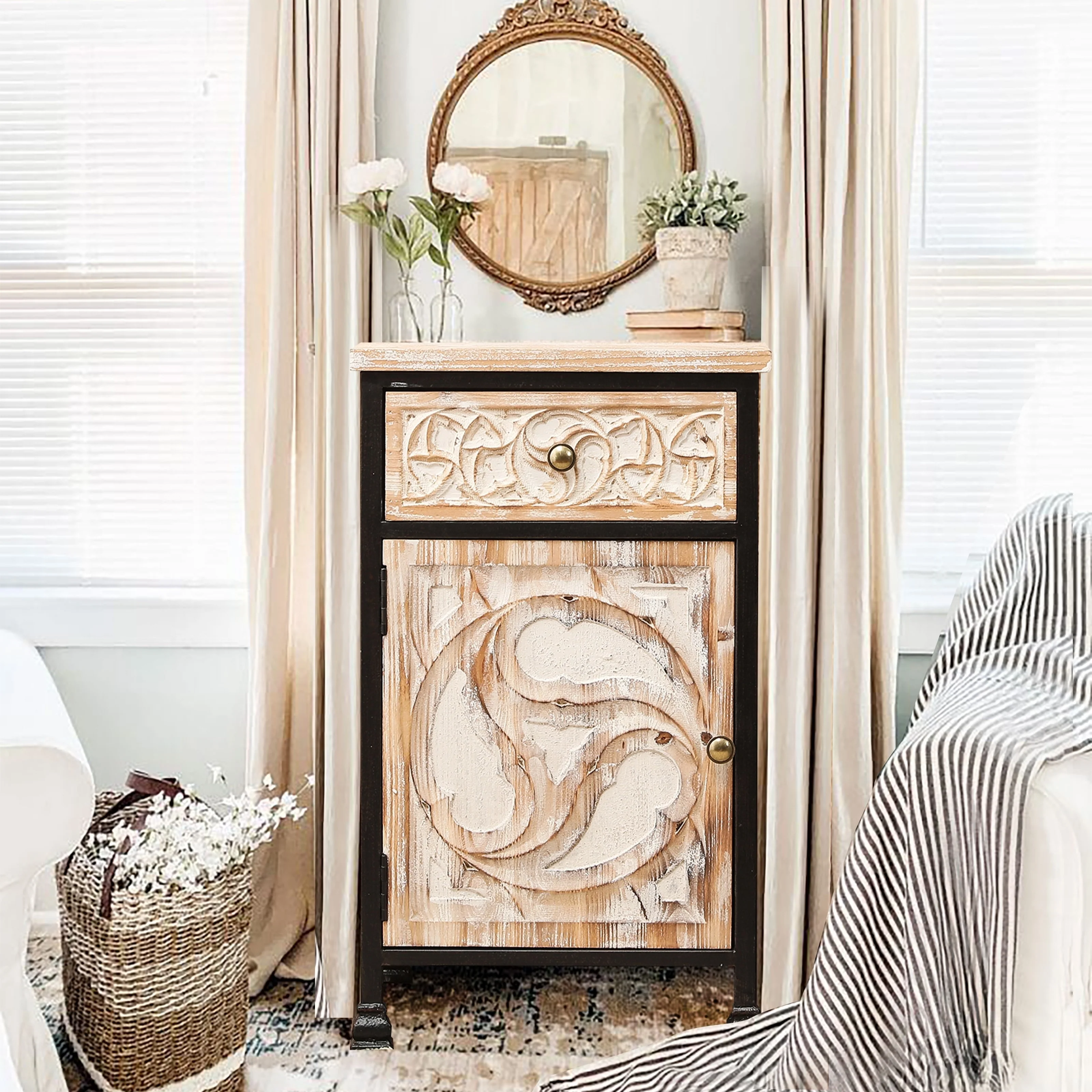 Rustic Nightstand with Drawer and 1-Door Cabinet