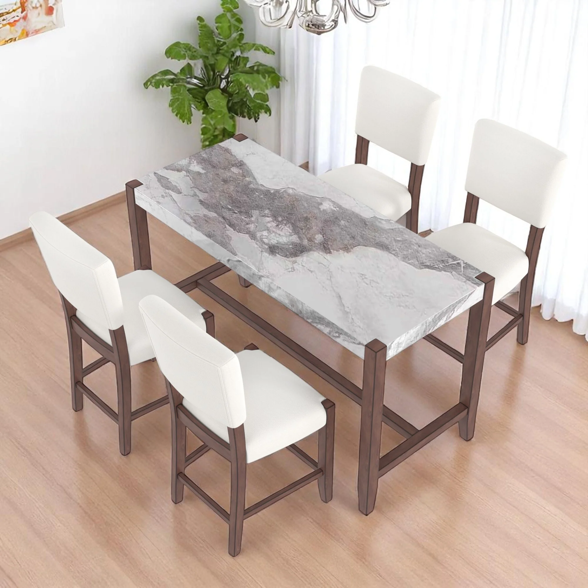5-Piece Counter Height Dining Table Set with Faux Marble Top, Table and 4 Upholstered Chairs for Kitchen or Dining Room