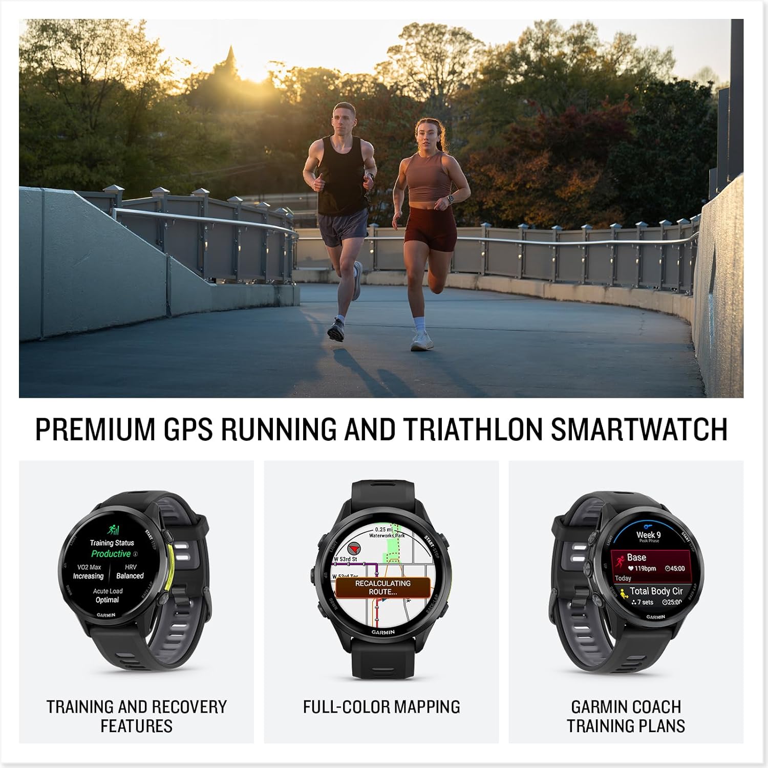 Garmin® Forerunner® 970  Premium GPS Running and Triathlon Smartwatch  AMOLED Display  Built-in LED Flashlight  Carbon Gray DLC Titanium with Black Case and Translucent Whitestone Band
