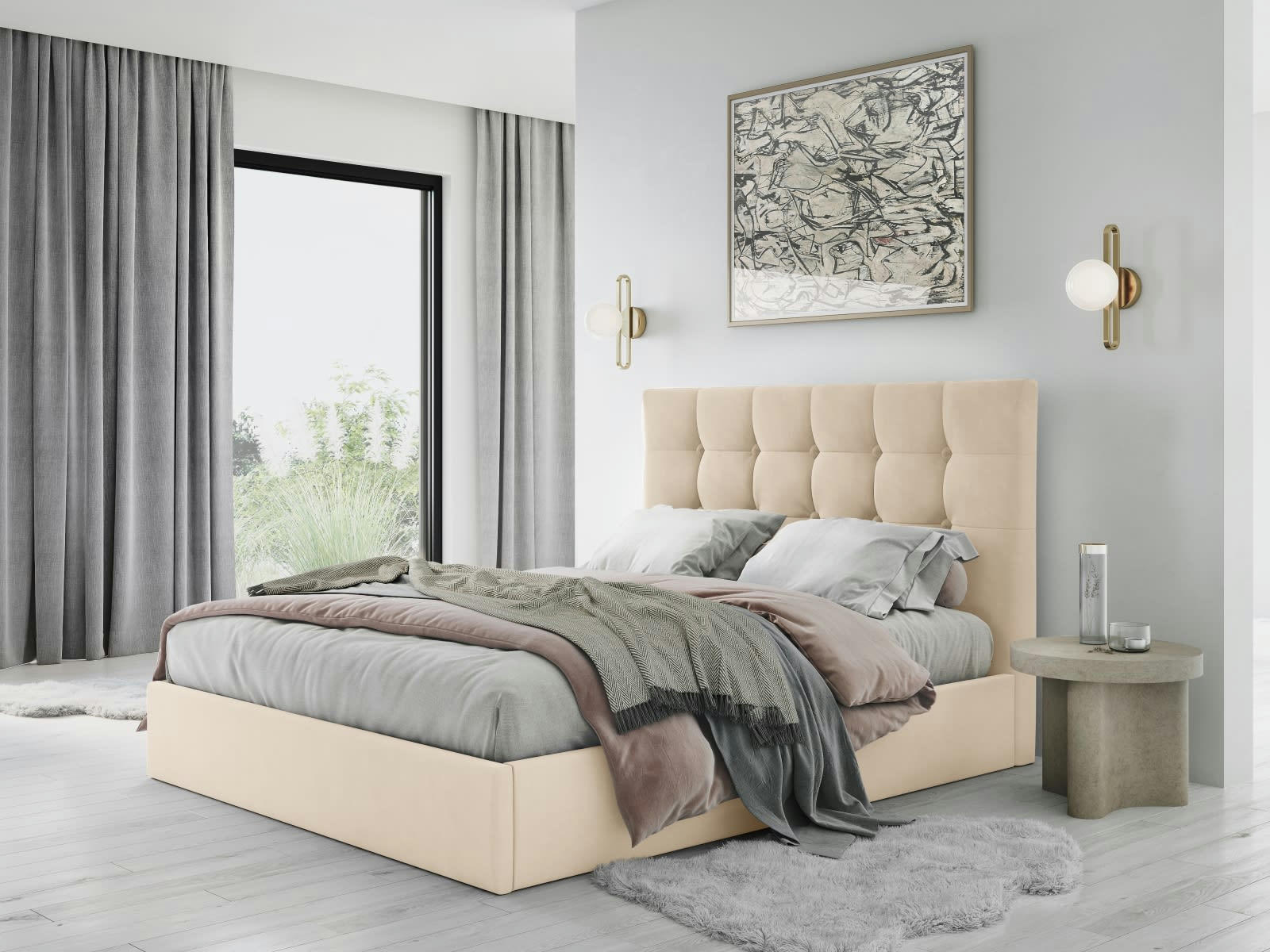 PHAEDRA - Lit coffre avec tête de lit 160x200 cm en velours beige