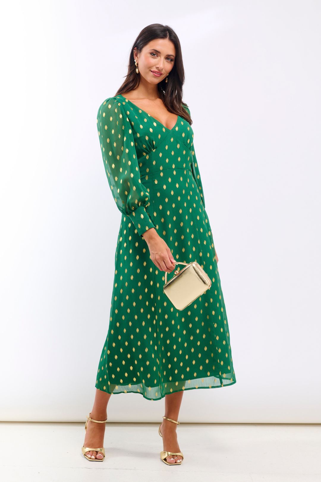 Needs No Label Green Foil Plunge Midi Dress