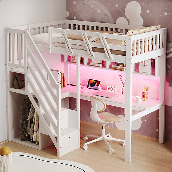 Lit Mezzanine 90x200 cm - Lit Enfant avec Escalier et Rangement, Bureau Intégré avec LED et USB - Sans Matelas - Bois Blanc