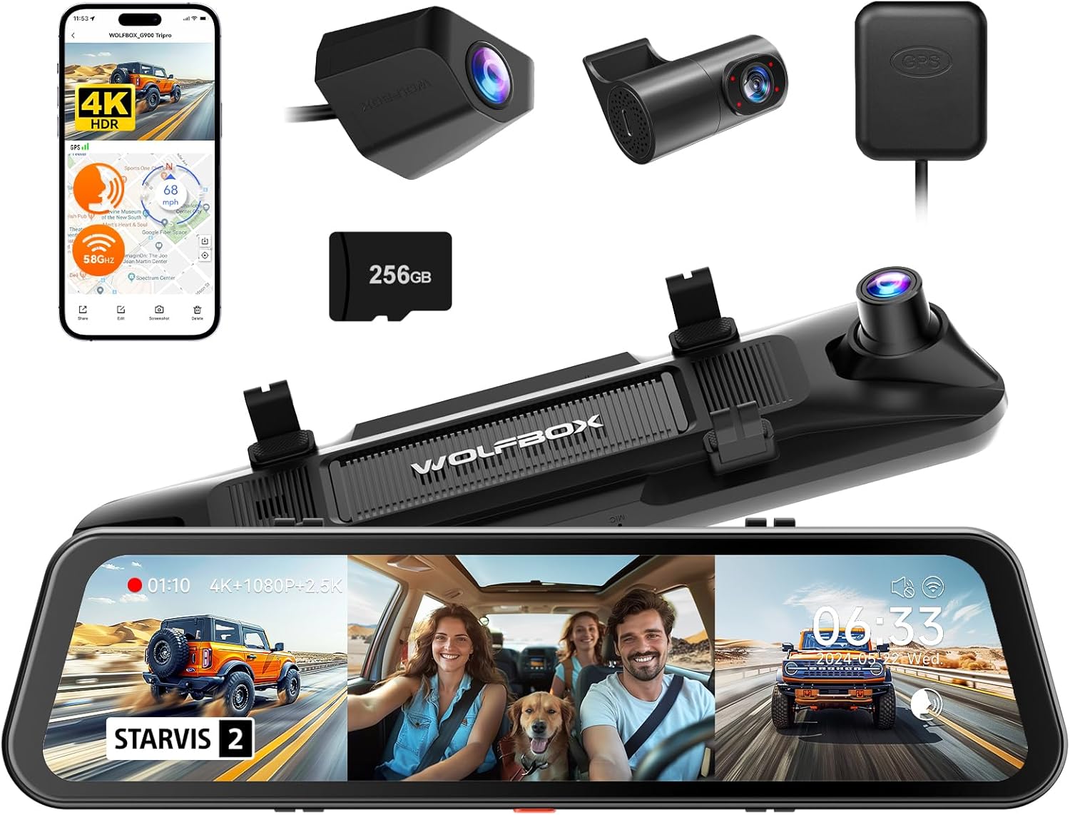 WOLFBOX G900 Tripro Cabin Version 3 Channel 4K Rear View Mirror Camera 8MP STARVIS IMX678 Night Vision 4K+1080P+2.5K Front Inside and Rear Mirror Dash Cam 5.8GHz WiFi Voice Control Includes 256GB Card