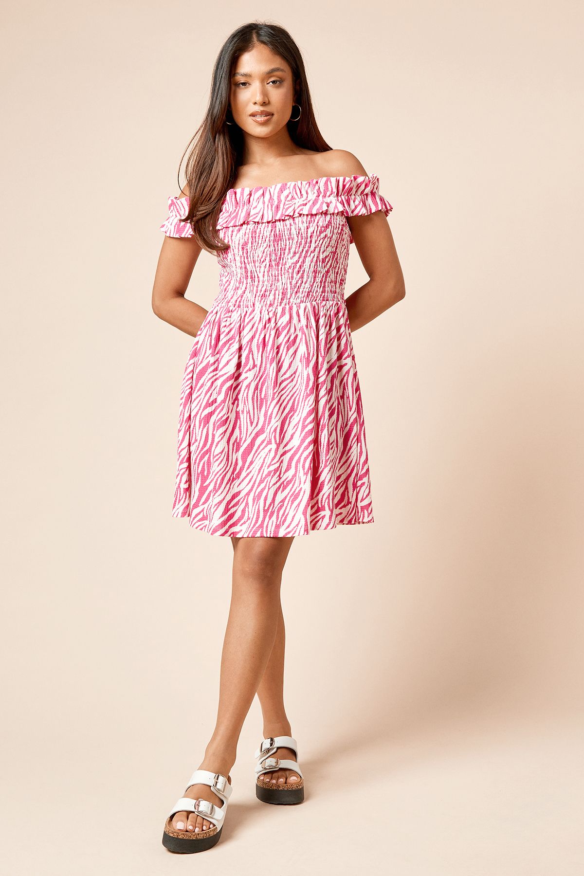 Dorothy Perkins Petite Pink Zebra Shirred Bodice Bardot Jersey Mini Dress