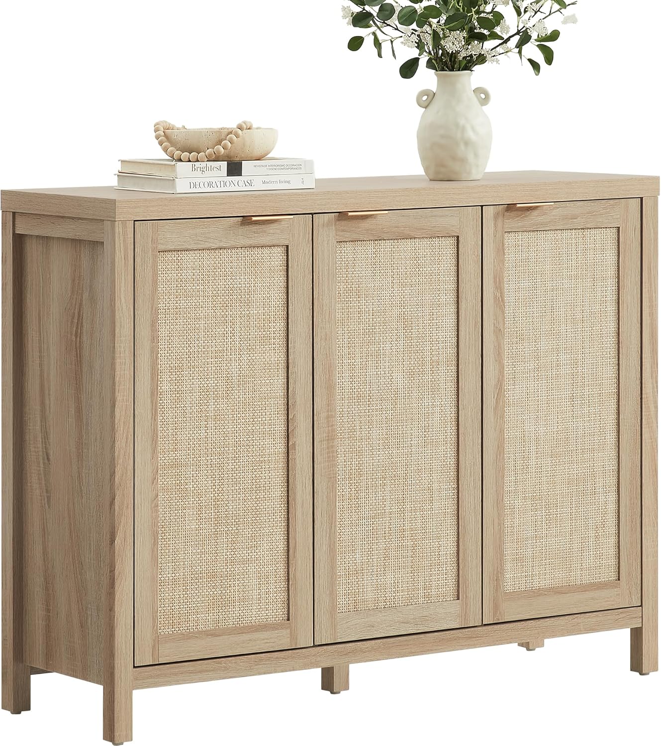 SICOTAS Rattan Buffet Cabinet with Storage 43.5 Sideboard Cabinet with 3 Doors & Adjustable Shelves Wood Sideboard Credenza Storage Cabinets for Entryway Living Room Reclaimed Light Oak