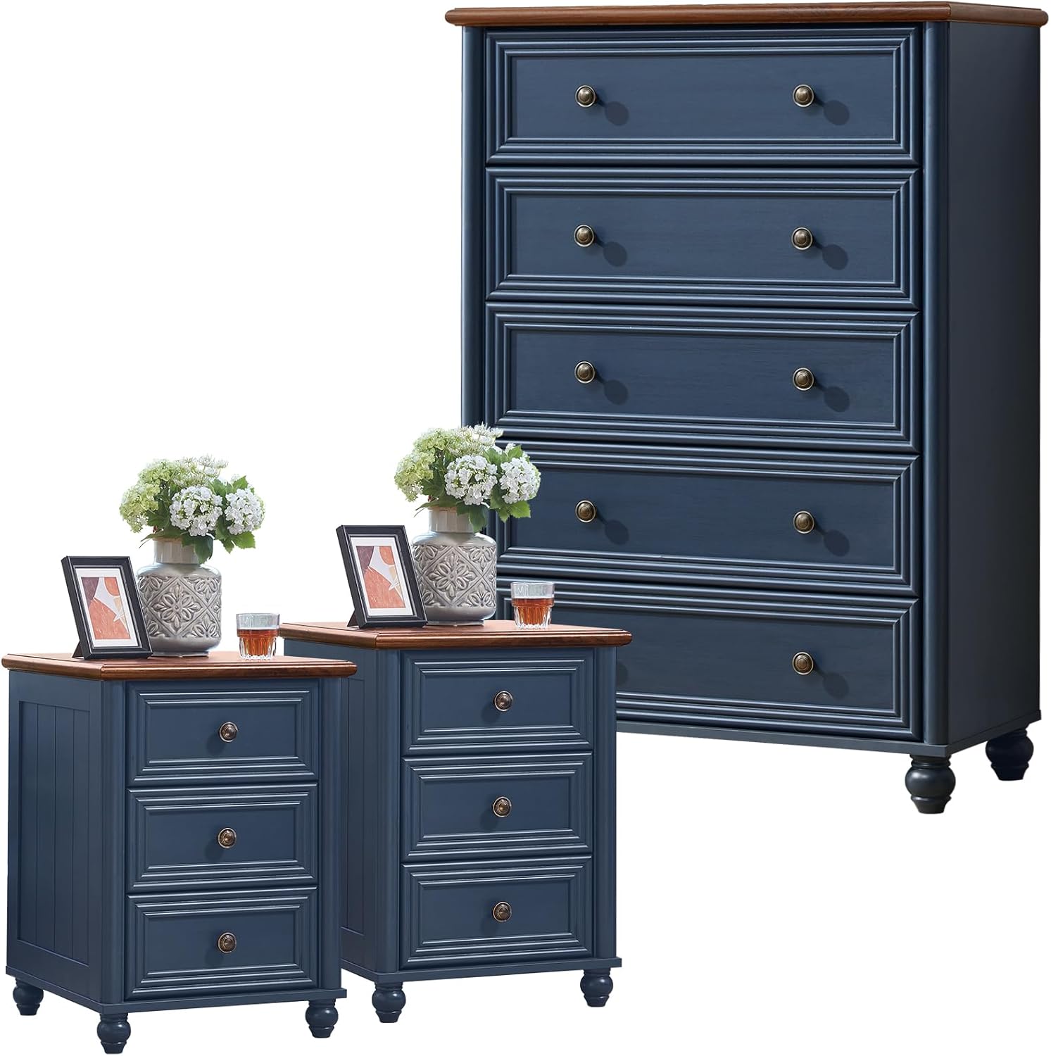 Farmhouse Dressers and Night Stand Set of 3, Wood 45''Tall Dresser and 18'' Chest of Drawers, Roman Column 3 Drawers Nightstand Set of 2, Bedroom Furniture Dresser Suites for Living Room, Hallway Home