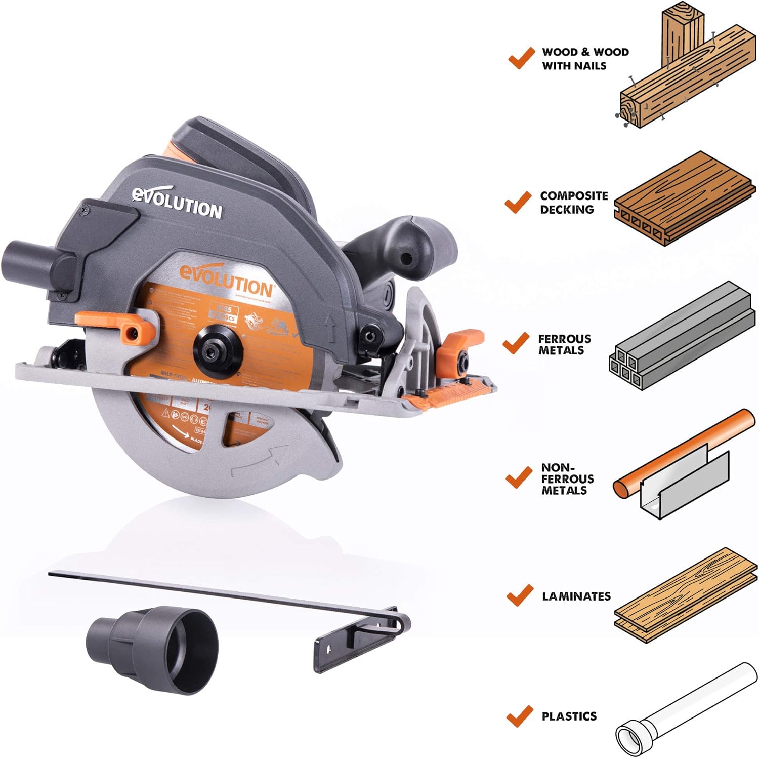 Evolution Power Tools R185CCS 7-1/4 TCT Multi-Material Cutting Circular Saw, 7-1/4, Orange