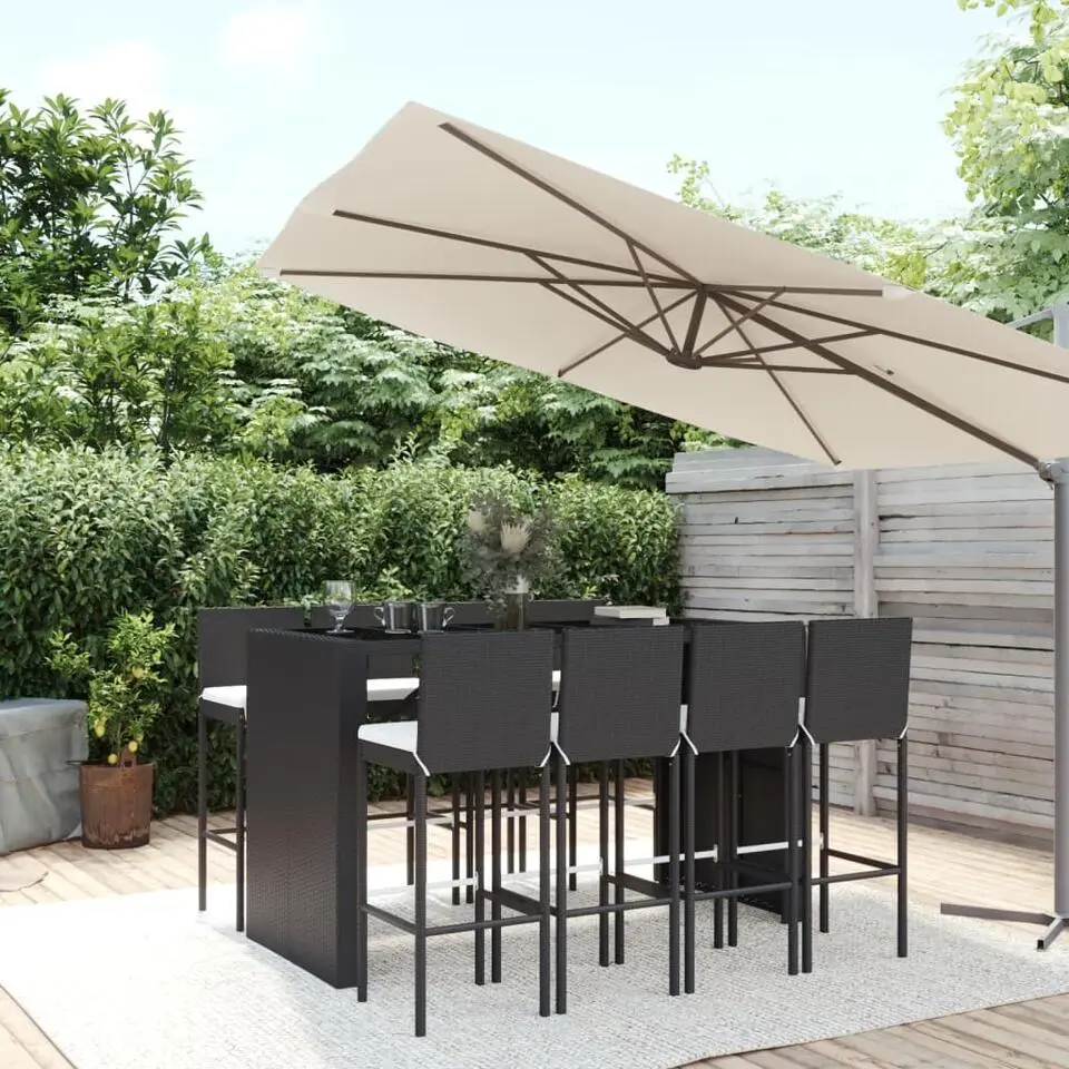 vidaXL - Tuinbarset met Kussens - Zwart Poly Rattan - 185x80 cm - 9 St.