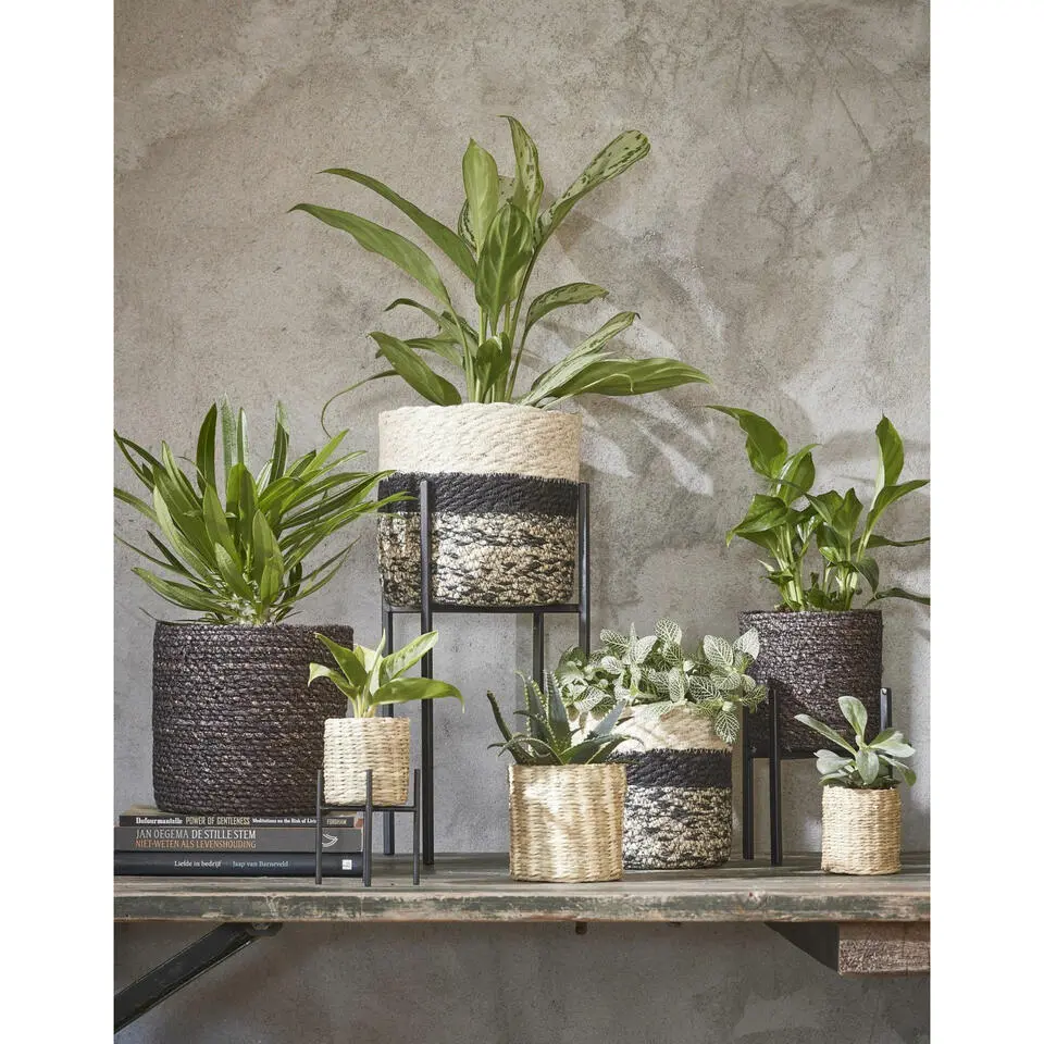 Mica Decorations Bloempot - rotan - zwart - jute - 18 x 18 cm