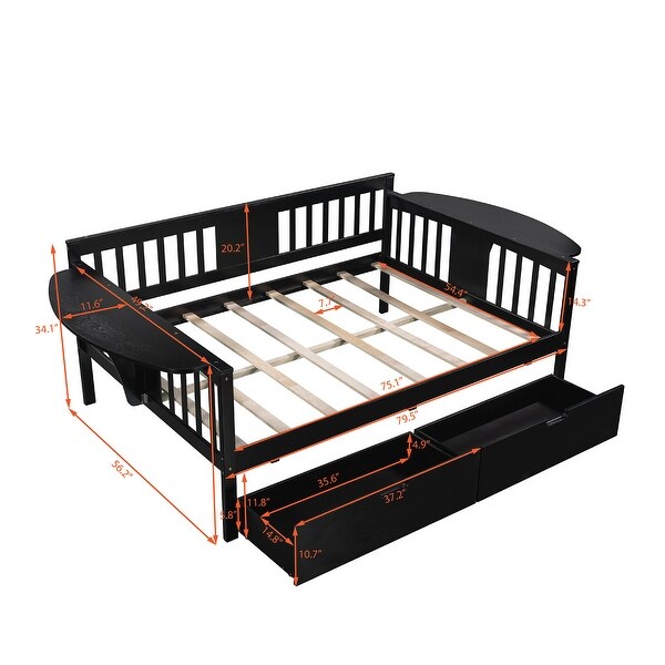 Full size Daybed Wood Slat Support with Two Drawers and Rails in Three Sides