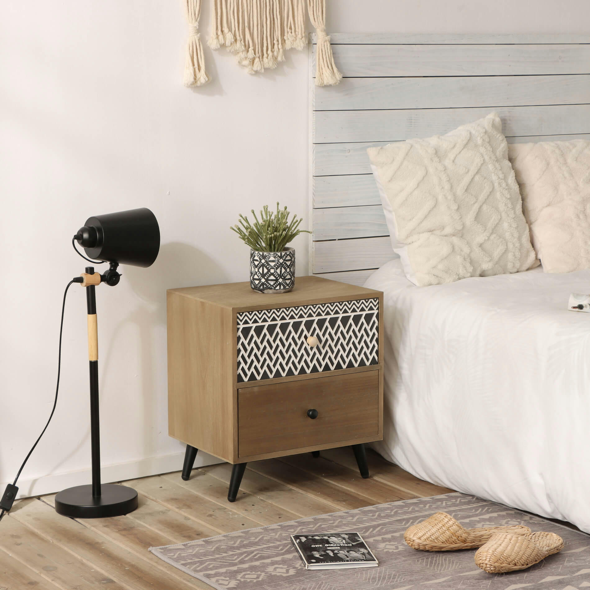 - Table de chevet scandinave avec 2 tiroirs en bois marron