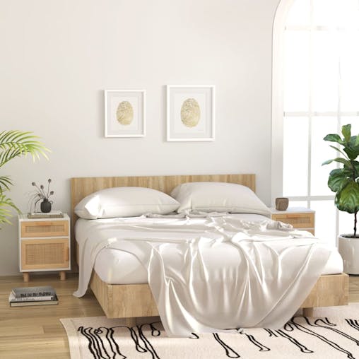 NNEVL Bedside Cabinets 2 pcs White Solid Wood Pine and Natural Rattan