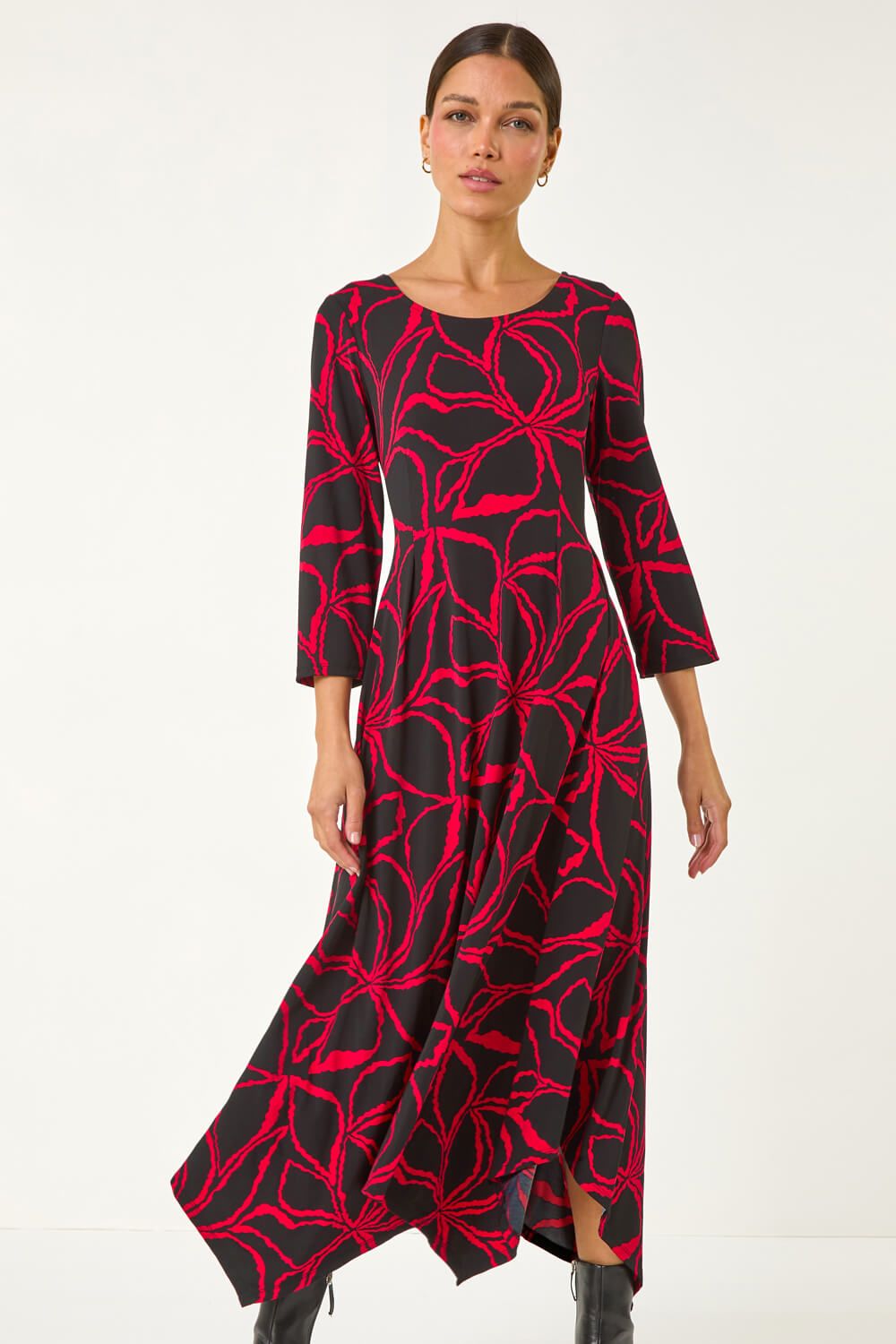 Roman Leaf Print Hanky Hem Stretch Midi Dress