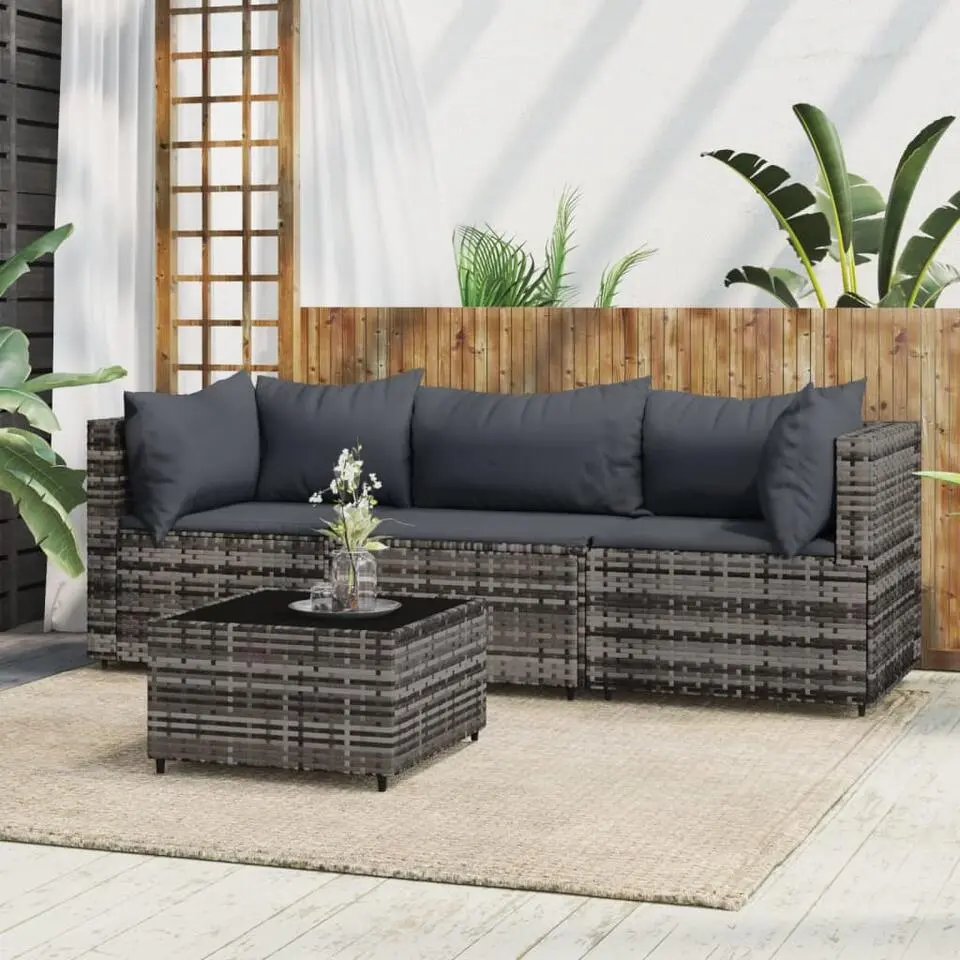 vidaXL - loungeset voor 3 met kussens grijs poly rattan 4 stuks