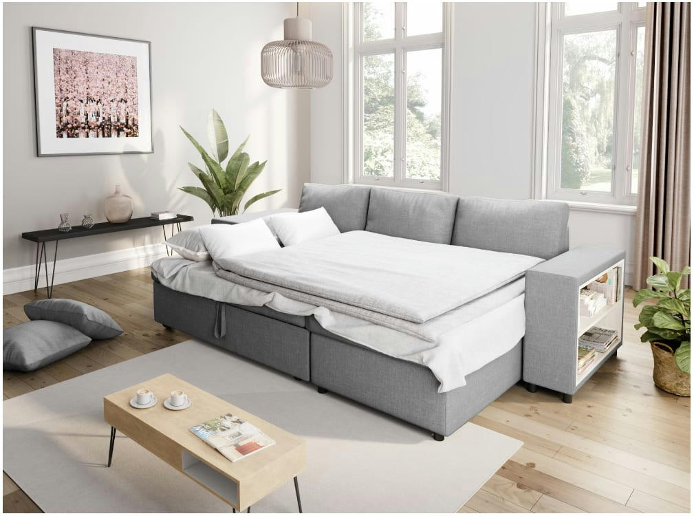 MADY - Canapé d'angle convertible gris clair avec rangement poufs à gauche