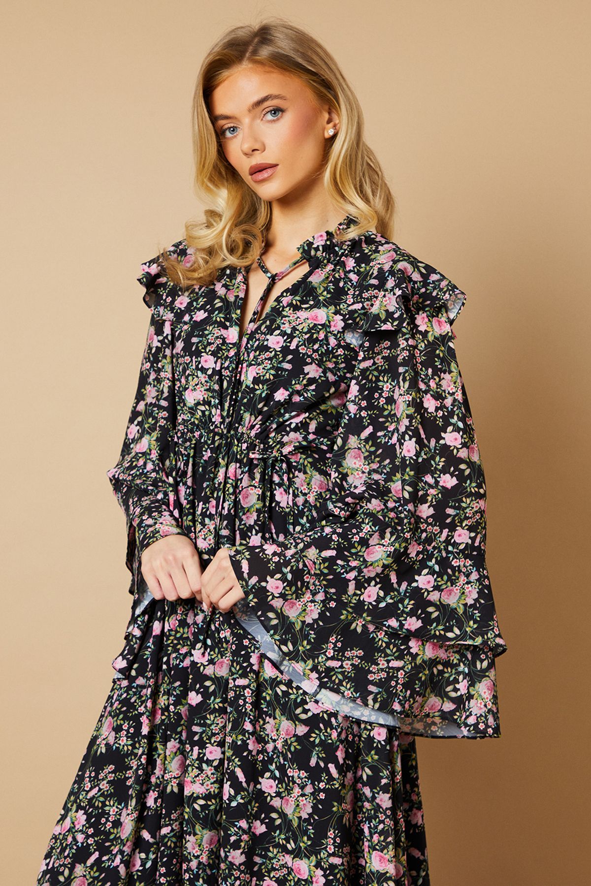 Oasis Floral Printed Drawstring Waist Midi Dress